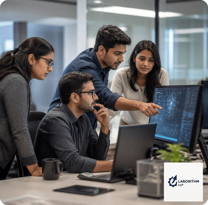 Team reviewing data on a monitor